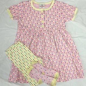 Hanna Anderson. Play dress, shorts, socks. 110
